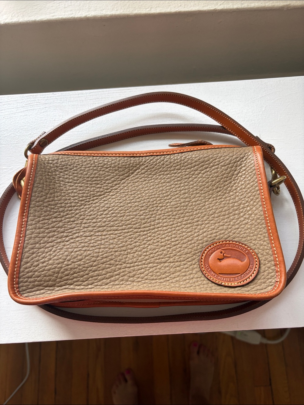 Dooney & Bourke Leather Crossbody Bag in Beige with Brown Trim